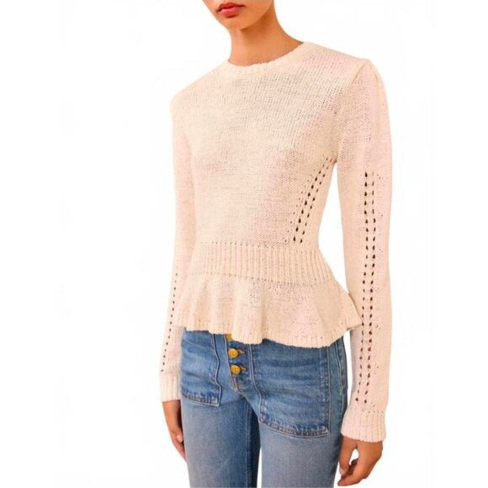 Ulla Johnson Cream Pointelle Knit Peplum Sweater Crew Neck Long Sleeve Size M